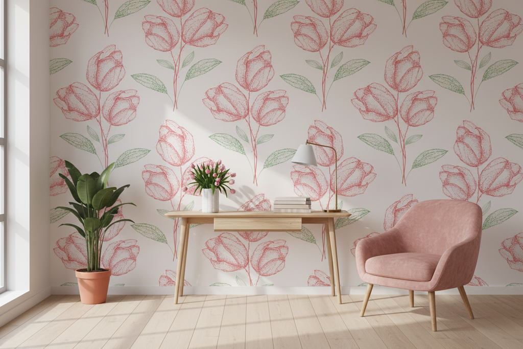 Room interior with pink floral wallpaper, a desk, and a chair.