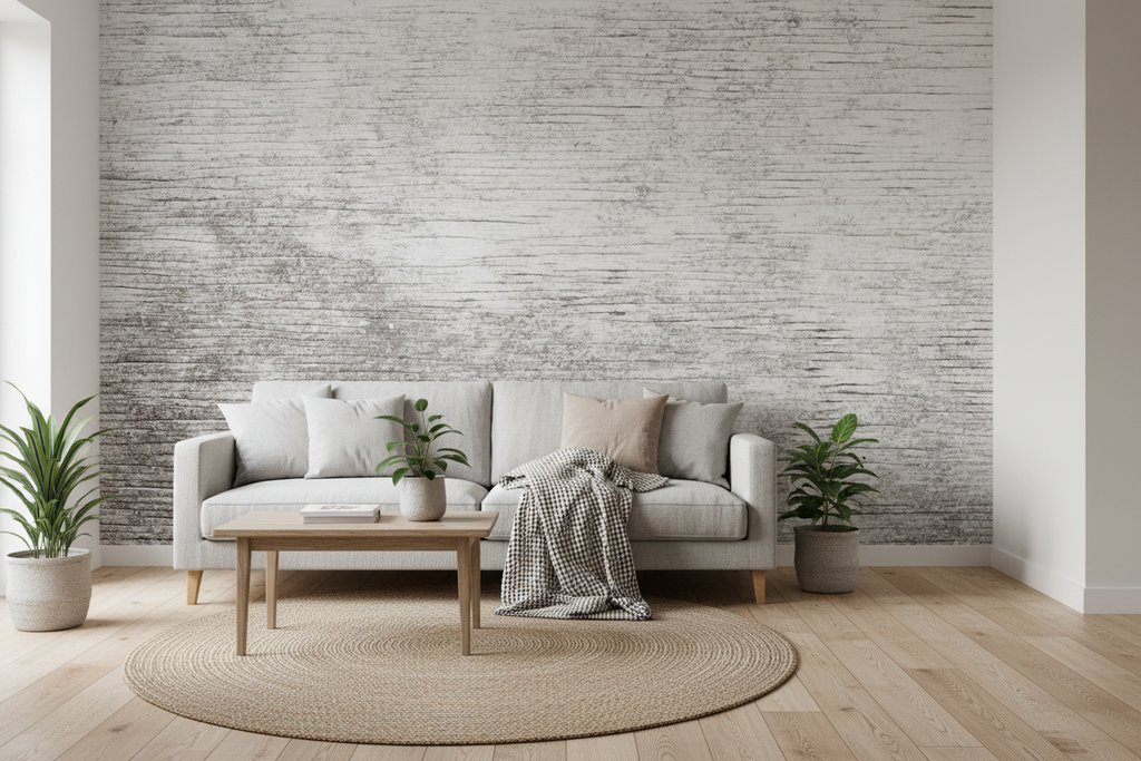 Modern living room with a gray sofa, wooden coffee table, and plants against a textured wall.
