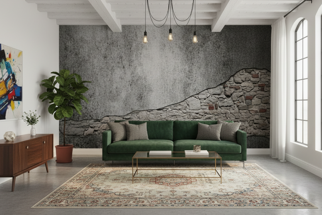 Modern living room with a green sofa, wooden sideboard, and large windows.