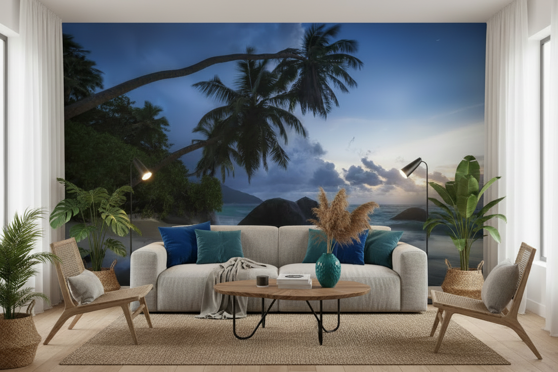 Living room with a large wall mural of a tropical beach scene.