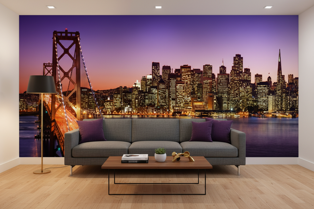 San Francisco skyline and Bay Bridge at sunset, California