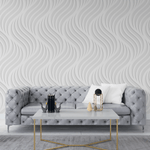 Wave & Leaf Harmony: Elegant White Wallpaper