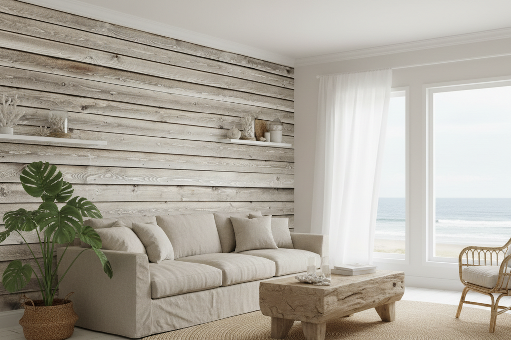 Modern living room with wooden wall, sofa, coffee table, and chair.