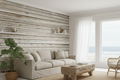 Modern living room with wooden wall, sofa, coffee table, and chair.