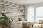Modern living room with wooden wall, sofa, coffee table, and chair.