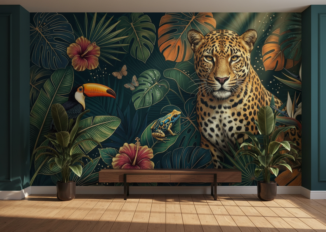 Leopard surrounded by tropical foliage, flowers, and birds in a lush jungle setting.