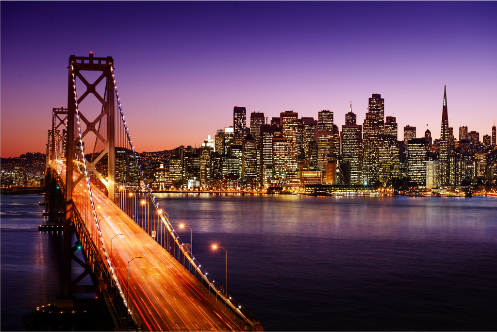 San Francisco skyline and Bay Bridge at sunset, California WallPrint