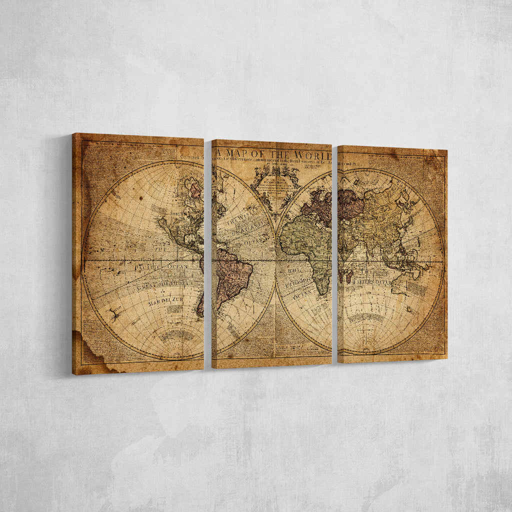 Vintage World Map _3 Piece Split Canvas WallPrint
